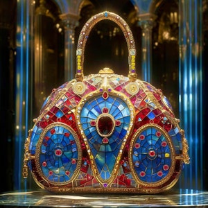 Puede incluir: Un bolso de mano de oro y joyas con un diseño de mosaico. El bolso está decorado con piedras preciosas rojas, azules y amarillas. El asa es un arco de oro.