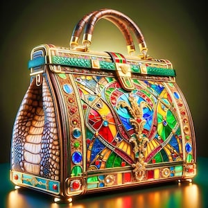 May include: A decorative handbag with a stained glass design. The bag features a brown leather handle, gold accents, and a colorful mosaic pattern with red, blue, green, and yellow hues. The side panels have a crocodile skin texture.