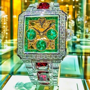 Dazzle Time: Emerald Horizon - Bejeweled encrusted fashion designer watch concept art