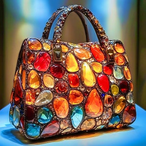Könnte beinhalten: Eine Handtasche aus bunten, facettierten Glassteinen. Die Tasche hat einen oberen Henkel und eine strukturierte Form.
