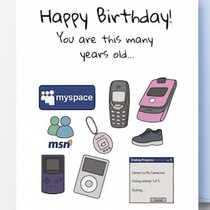 Cartão de aniversário engraçado com nostalgia dos anos 80 e 90, cartão com ícones retrô, feliz aniversário, você tem tantos anos, piada do MSN iPod Flip Phone