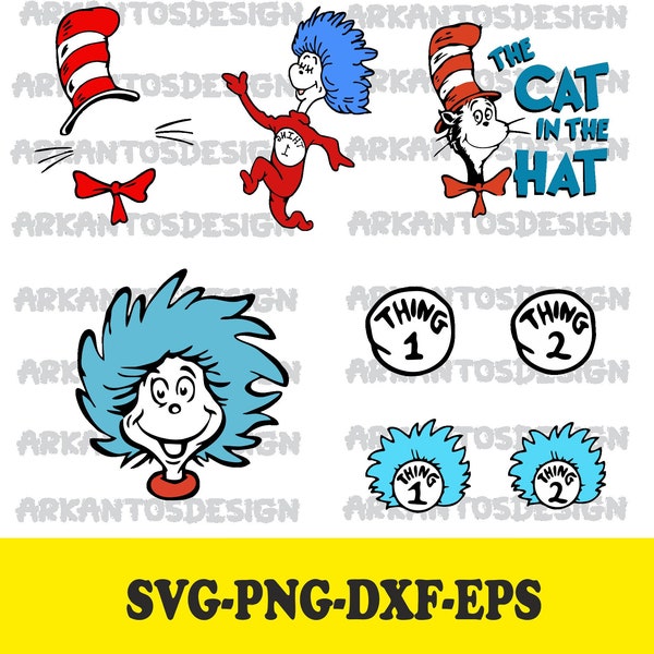 Dr. Seuss Svg Bundle / Cat in the hat / Dr. Seuss Hat / Things / Instant Download / Svg, Png, Dxf, Eps