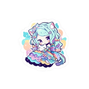 Kawaii Girl with Cat Sticker || Waterproof Sticker || Anime Sticker || Chibi Sticker || Kawaii Girl