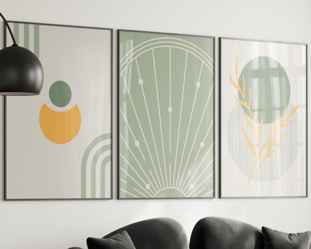 Unique Sage Green Boho Wall Art Set of 3, Sage Green Wall Decor