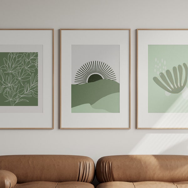Sage Green Wall Art Set Of 3, Mountain, Flowers, 3 Piece Wall Art Green, Green Prints, Printable Wall Art Set of 3, Gallery Wall Set of 3