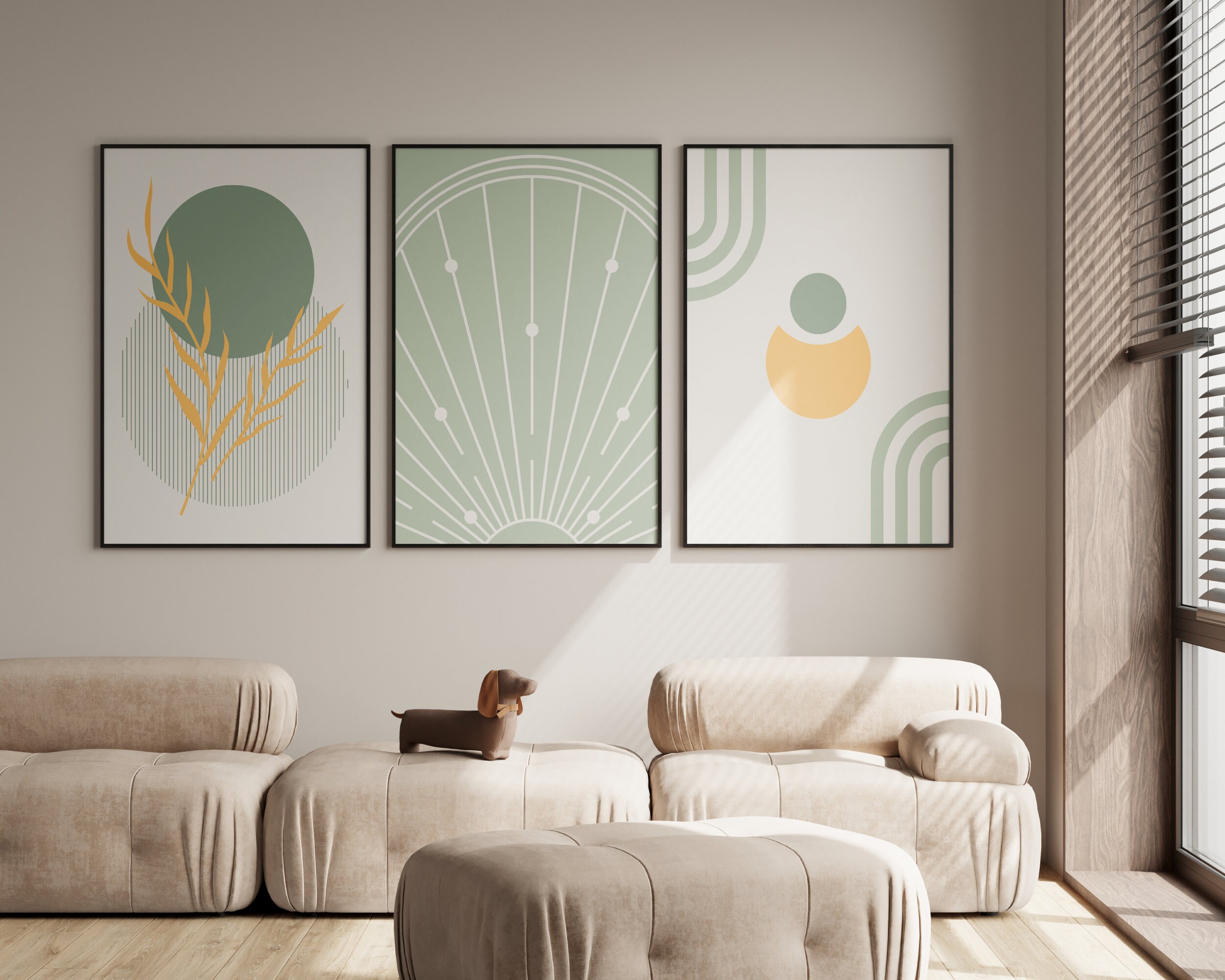Unique Sage Green Boho Wall Art Set of 3, Sage Green Wall Decor