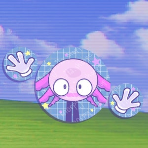 May include: A pink axolotl with large eyes and a grid pattern behind it. The axolotl is wearing a black outfit and has pink fins. There are two white gloved hands on either side of the axolotl.