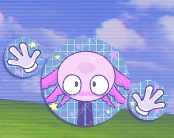 May include: A pink axolotl with large eyes and a grid pattern behind it. The axolotl is wearing a black outfit and has pink fins. There are two white gloved hands on either side of the axolotl.