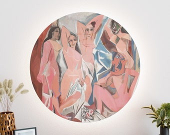Große kreisförmige LED Glaswandkunst, runde Wandbehang - Les Demoiselles d'Avignon von Pablo Picasso | The Points von Glasastic