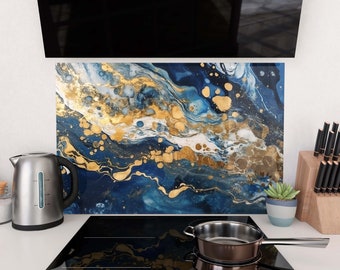 Blue Gold Marble Mixed Liquids Glass splashback, Kitchen stove backsplash wall panel behind cooker and sink | Glassthetic