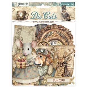 Peut inclure: Paquet de « Die Cuts » avec des illustrations vintage. Il présente une souris tenant un cadeau, un chien avec des lunettes, une horloge et un chat avec un chapeau haut de forme. Les mots « Die Cuts » et « For You » sont visibles.