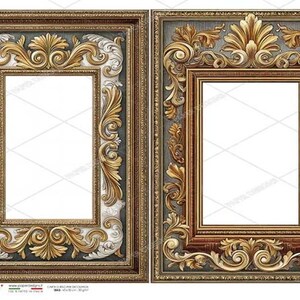Könnte beinhalten: Zwei rechteckige Bilderrahmen mit kunstvollen Gold- und Silberverzierungen. Der linke Rahmen zeigt goldene und silberne Akanthusblattmotive auf dunklem Grund, während der rechte Rahmen goldene Schnitzereien auf einem dunklen Holzrand aufweist.