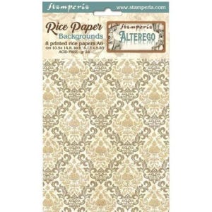 Peut inclure: Feuilles de papier de riz avec un motif de fond damassé beige et gris. Le paquet contient 8 feuilles A6, mesurant 10,5 x 14,8 cm. La marque est Stamperia, et le produit est étiqueté "ALTEREGO."