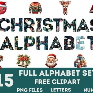 Pacchetto completo di 15 lettere doodle dell'alfabeto natalizio, lettere doodle png, numeri doodle, set di alfabeti maiuscoli, lettere di sublimazione natalizie
