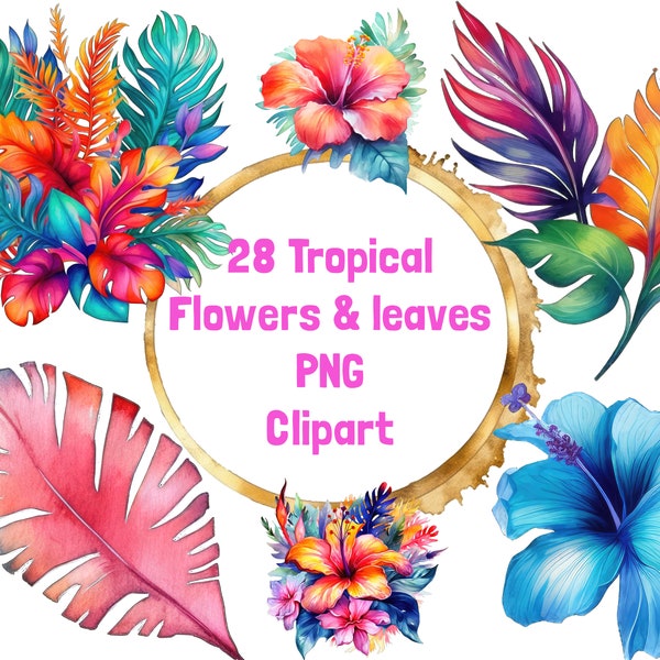 Tropical flowers and leaves watercolor clipart, tropical floral png digital download for journaling and scrapbook