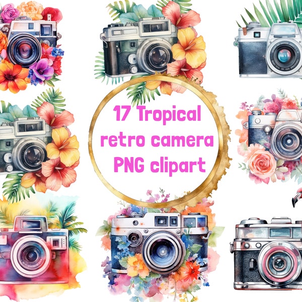 Retro Cameras Clipart floral retro camera watercolor clipart tropical clipart tropical camera png digital download junk journal