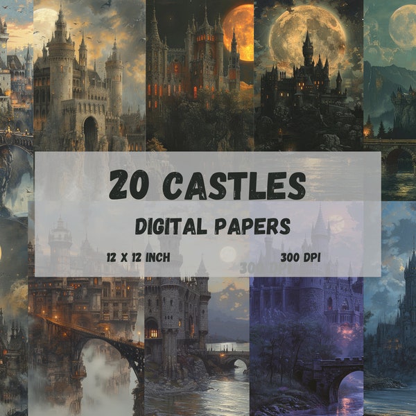 20  Castle Digital Paper, magical castles, castle junk journal, Fantasy Scrapbooking, gothic castle, decor papers, scrapbooking