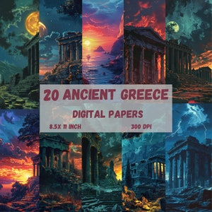 Papier numérique de la Grèce antique, fond de ruines de la Grèce, paysage de la mythologie antique, journal numérique indésirable, scrapbooking