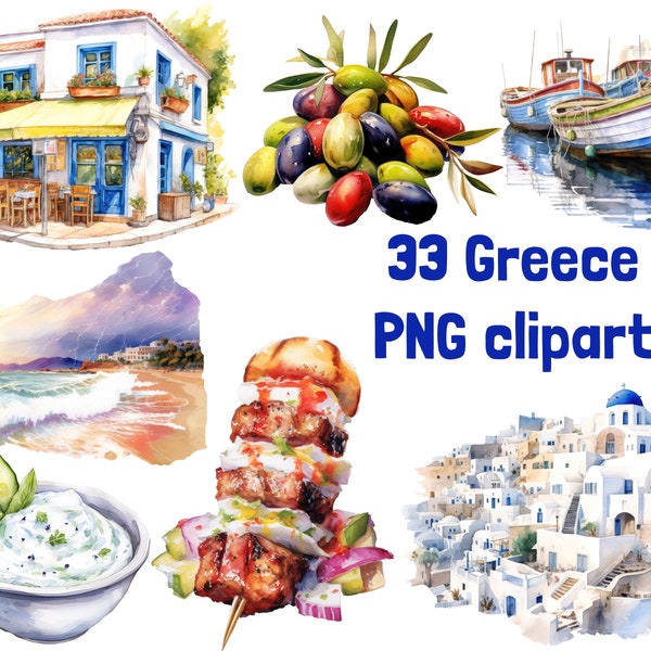 Greece clipart watercolor greece summer clip art santorini clipart food clipart travel clipart greece vacation digital download junk journal