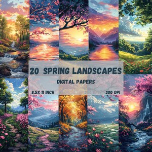 Spring Landscapes digital papers, Printable landscape, landscap arts, spring landscape art printable decoration