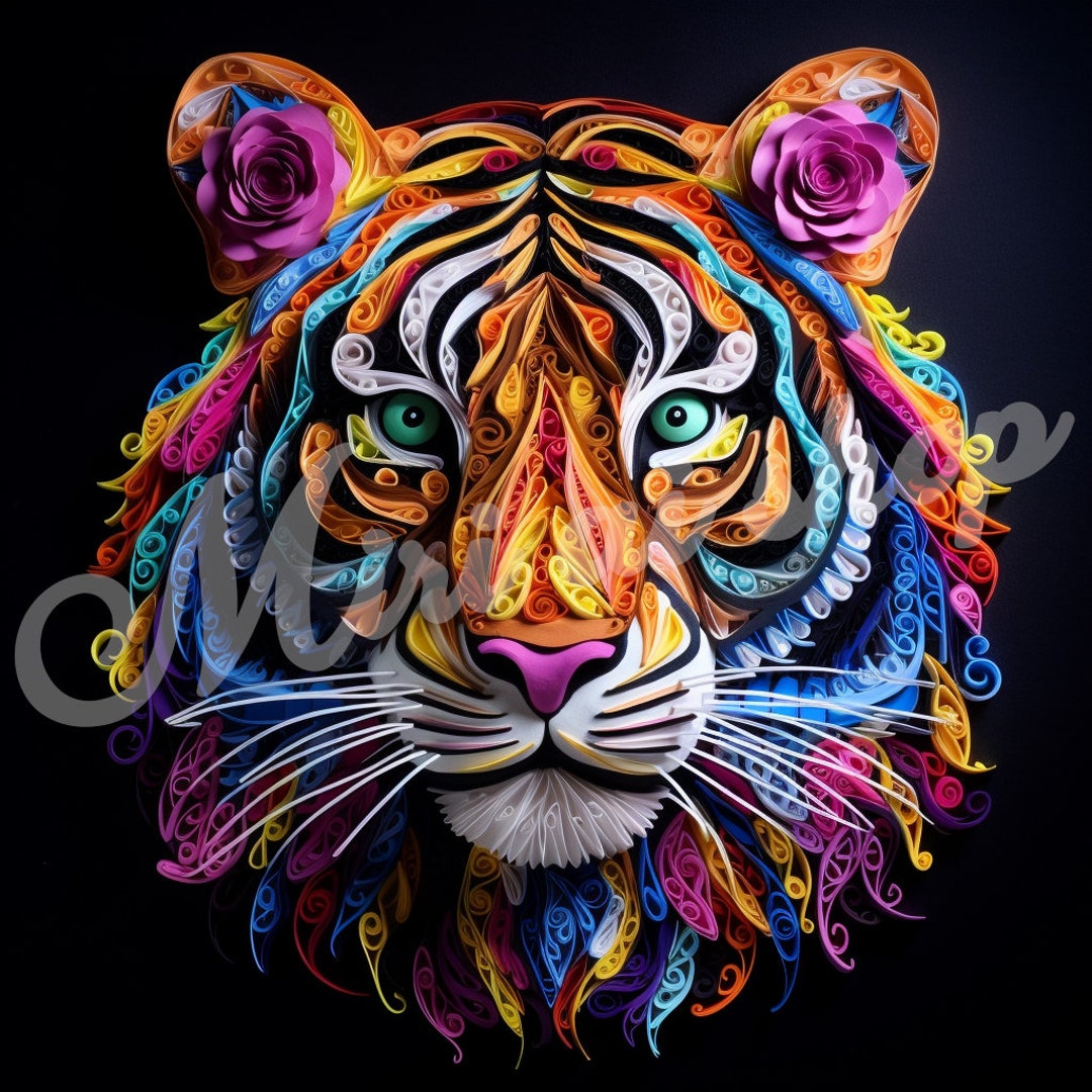 Quilling Tiger, Dark Background. Digital Ai Image. Not Template