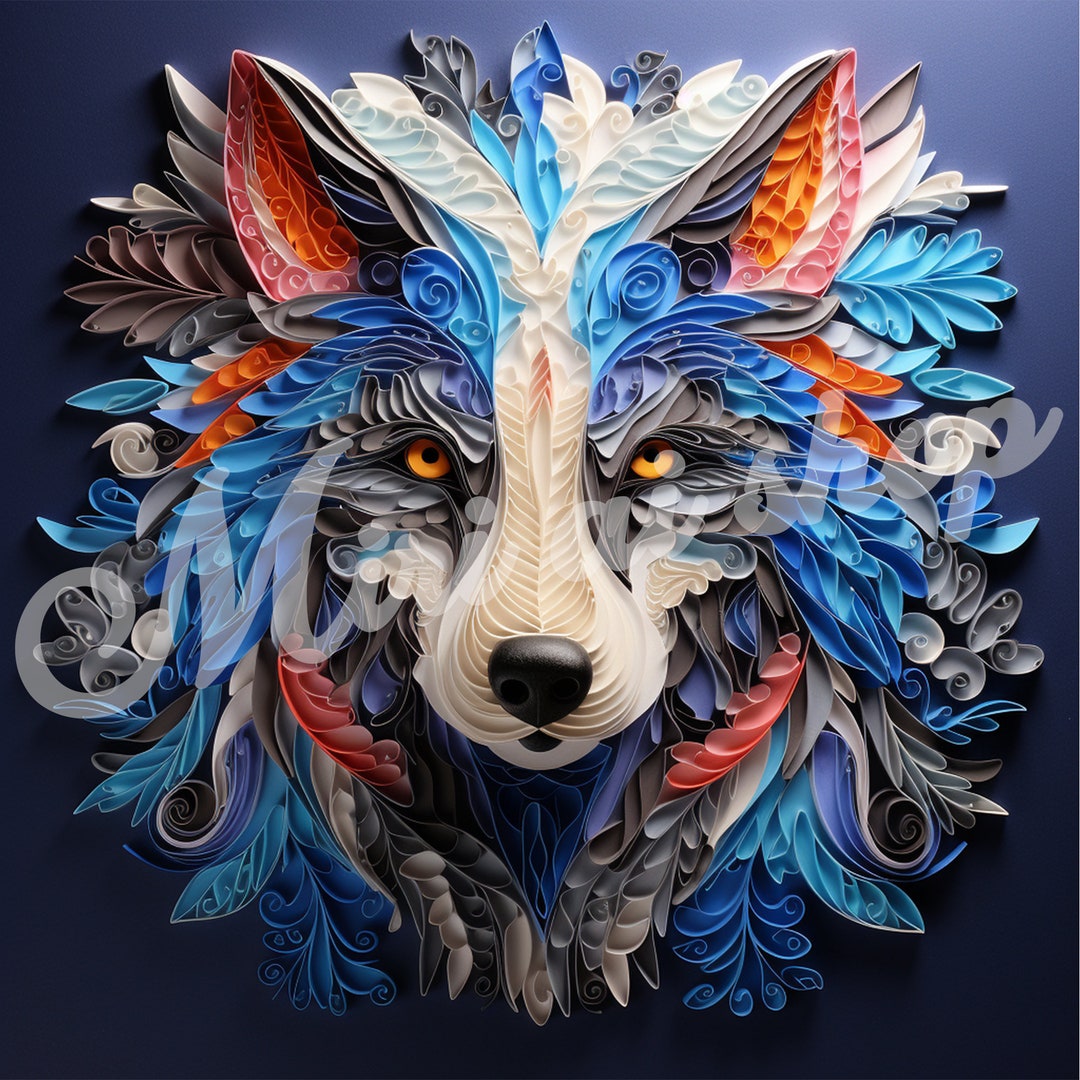 Quilling Wolf Portrait Dark Background. Digital Ai Image. Not Etsy