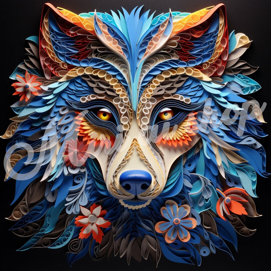 Quilling Wolf Portrait Dark Background. Digital Ai Image. Etsy