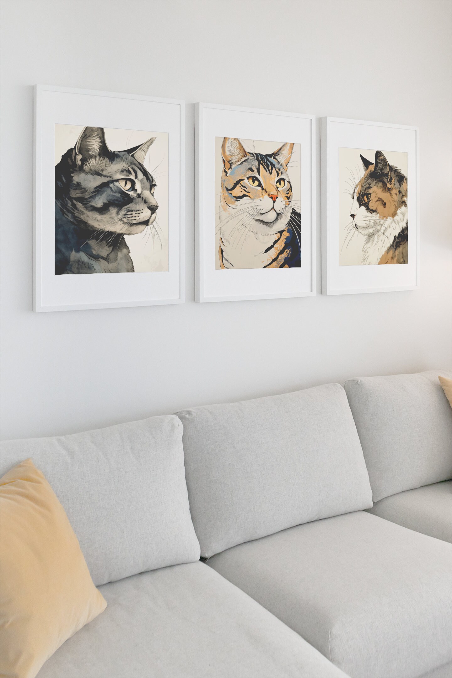 3 Piece Cat Wall Art Print, Ukiyo-e Style, Set of 3 Cat Landscape ...