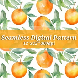 Könnte beinhalten: Nahtloses digitales Muster mit Aquarell-Illustrationen von Orangen und grünen Blättern. Das Muster ist 12 Zoll mal 12 Zoll groß und hat eine Auflösung von 300 dpi.
