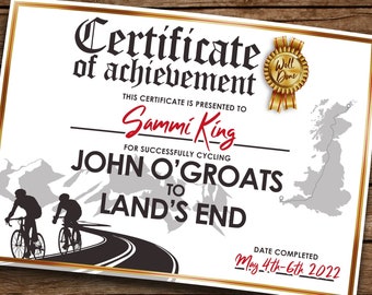 Cycled John O&#39;Groats to Land&#39;s End Personalised Certificate - Digital Download