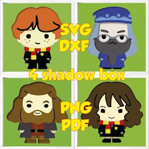 Lot 4 HP Zauberer Schattenbox mehrschichtig 3D SVG Harry Magic, SVG Hermine Ron Dumbledore Hagrid, Schattenbox-Overlay, mehrschichtig