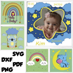 Lot boîte d'ombre naissance bébé multicouche, nom à personnalisé bébé svg, cadre photo bébé shadow box faire part bébé multicouche 3D enfant