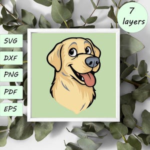 Peut inclure: Illustration encadrée d'un chien golden retriever souriant avec une langue rose. L'œuvre est placée sur un fond vert clair et entourée d'un cadre blanc. L'image comprend le texte "SVG, DXF, PNG, PDF, EPS" à gauche et "7 layers" à droite.