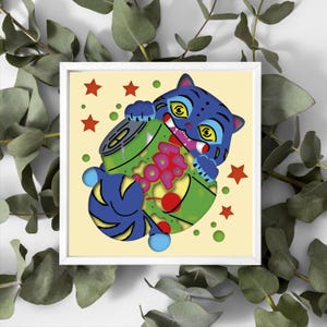 May include: A square print featuring a blue cartoon tiger with yellow eyes, biting a green can with the word "POP" in pink. Red stars and green circles are scattered around the image, set against a light yellow background.