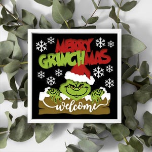Boîte d'ombre joyeux noël multicouche 3D fichier numérique SVG, svg bienvenue, shadow box superposition grinch, multicouche 3D svg grincheux