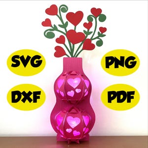 Lantaarn vaas bloemen in harten 3D SVG DXF PNG, svg lantaarn moederdag cadeau, moeder svg, licht papier sculptuur, lantaarn sjabloon