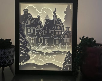 Lightbox snowy christmas village digital file to create a light frame