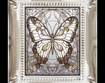 Arte de mariposa blanca, en vitral estilo Art Nouveau, impresiones en lienzo, varios tamaños