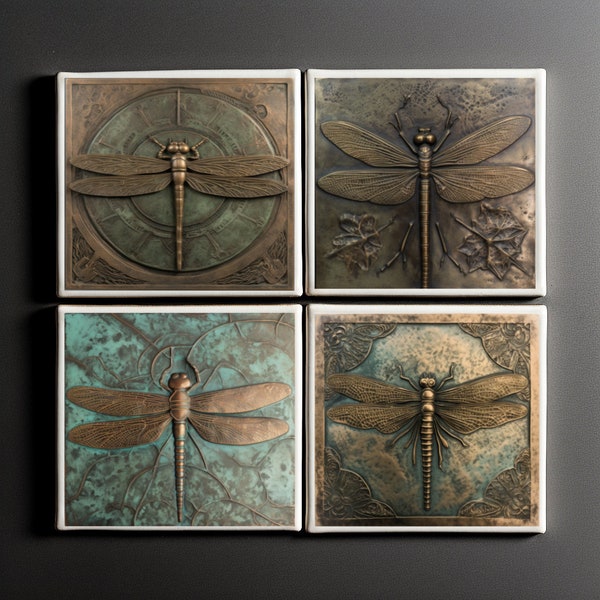 Art Nouveau Ceramic Tile Coasters, Art Deco Dragonflies