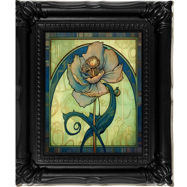 Canvas print, framed or unframed, Art Nouveau, Arts and Crafts, Charles Rennie Macintosh style stained glass flower, vintage art print