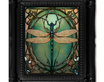 Canvas print, framed or unframed, Dragonfly in a Moody Maximalist Fantasy Art Nouveau style in green, vintage art print, many sizes