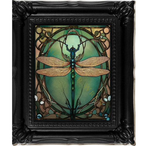 Canvas print, framed or unframed, Dragonfly in a Moody Maximalist Fantasy Art Nouveau style in green, vintage art print, many sizes