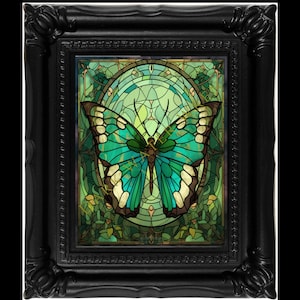 Green butterfly, art nouveau stained glass butterfly wall art print