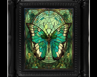 Impresión artística de pared con mariposas verdes en vitral estilo art nouveau.