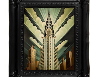 May include: A framed art print featuring the Chrysler Building in an Art Deco style. The artwork showcases the iconic skyscraper with a backdrop of stylized clouds and sun rays, set against a dark background. The frame is black.