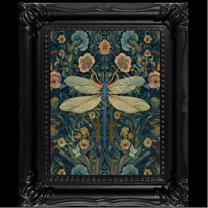 Framed Canvas Print, William Morris style dragonfly art with a Moody Maximalist Fantasy Art Nouveau vibe