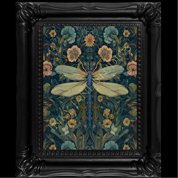 Framed Canvas Print, William Morris style dragonfly art with a Moody Maximalist Fantasy Art Nouveau vibe