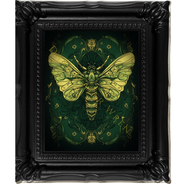 Canvas print, framed or unframed, Art Nouveau Moody Maximalist Gothic Moth in green, many sizes, framed or unframed