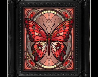 Impresión en lienzo de arte mural con vitrales de estilo art nouveau con mariposas rojas