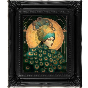 Art Nouveau peacock woman wall art print, canvas prints in many sizes